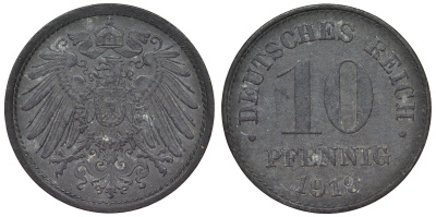 Германия 10 пфеннигов 1919 KM 26, J. 299, Weege 8 цинк 4119-356