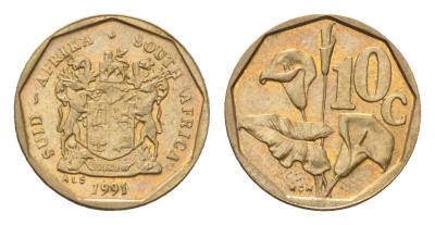 ЮАР 10 центов 1991 герб, цветок алоэ KM 135 сталь плакированная бронзой UNC 4694-639