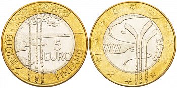 ФИНЛЯНДИЯ 5 ЕВРО 2003 ЧЕМПИОНАТ МИРА ПО ХОККЕЮ KM 111 биметалл UNC 05-140-34