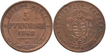 САКСОНИЯ 5 ПФЕННИГОВ 1862 B, ЙОХАНН (1854-1873) KM 1218 медь 117-436