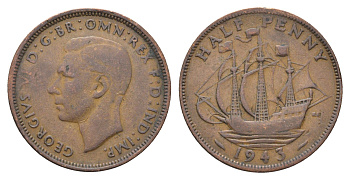 Великобритания 1/2 пенни 1943 Георг VI (1936-1952) KM 844, Spink 4115 бронза 4662-1056