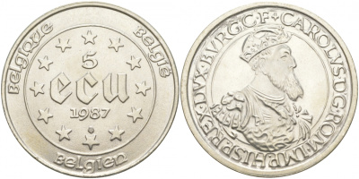 Бельгия 5 экю 1987 30 лет Римскому договору, Карл V Габсбург (1500-1558) KM 166 серебро UNC 11-038-21