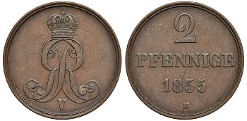 Брауншвейг-Каленберг-Ганновер 2 пфеннига 1855 B, Георг V (1851-1866) KM 217,aKS 152, J. 84 медь 4142-143