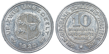 Германия 10 марок 1923 Шлезвиг-Гольдштейн алюминий 4123-115