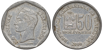 Венесуэла 50 боливаров 2000 Y 82 сталь плакированная никелем 4606-542