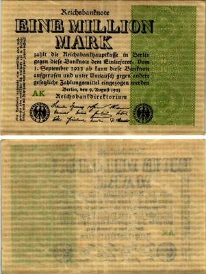 Германия 1000000 марок 1923 9 августа, тип 2, водяной знак звезда в крючках Pick 102 a, Розенберг 101 a, Grabowski DEU 114 a бумага 7219-2-2