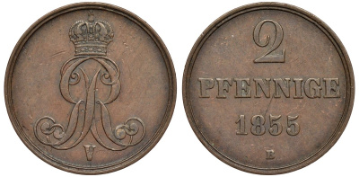 Брауншвейг-Каленберг-Ганновер 2 пфеннига 1855 B, Георг V (1851-1866) KM 217,aKS 152, J. 84 медь 4142-143