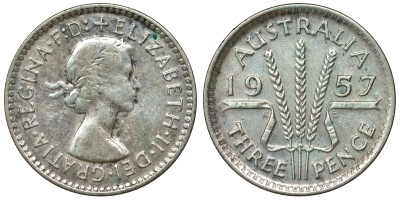 Австралия 3 пенса 1957 m, Елизавета II (1952-2022) KM 57 серебро 71-524