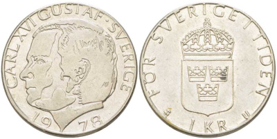 Швеция 1 крона 1978 U, Карл XVI Густав (1973- ) KM 852 медь плакированная медно-никелем 179-722