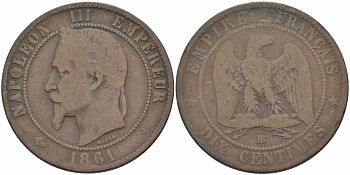ФРАНЦИЯ 10 САНТИМОВ 1861 BB, НАПОЛЕОН III (1852-1870) KM 798.2, LE FRANC 134.3 бронза 38-1244