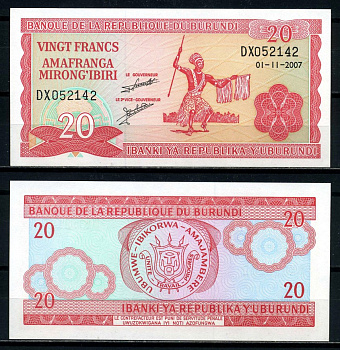 Бурунди 20 франков 2007 1 ноября 2007 Pick 27 d бумага UNC (пресс) 6317-24-2-2