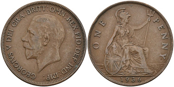 Великобритания 1 пенни 1936 Георг V (1910-1936) KM 838, Spink 4055 бронза 3333-1116