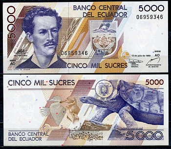 Эквадор 5000 сукре 1999 12 июля, Хуан Монтальво, животные на Галапагосских островах, серия AO Pick 128 c  бумага  UNC (пресс) 447-113-1