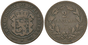 Люксембург 2 1/2 сантима 1854 KM 21 бронза 4602-638