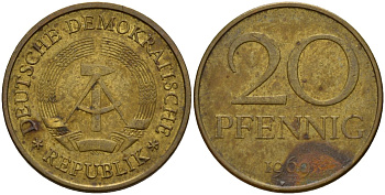 ГДР 20 пфеннигов 1969 А, первый год KM 11 латунь 92-844