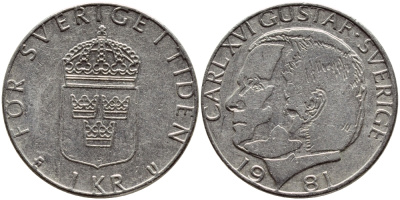Швеция 1 крона 1981 Карл XVI Густав (1973- ) KM 852 медь плакированная медно-никелем 4397-1034