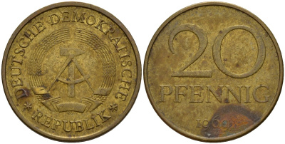 ГДР 20 пфеннигов 1969 А, первый год KM 11 латунь 92-844