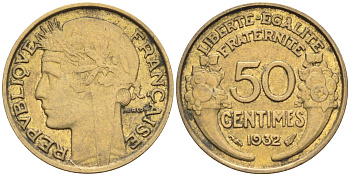 ФРАНЦИЯ 50 САНТИМОВ 1932 ТИП MORLON, OPEN 9, С ЯГОДОЙ KM 849.1, LE FRANC 192.7 алюминиевая бронза 4588-354