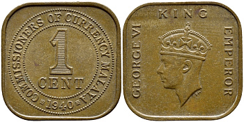 Британская Малайя 1 цент 1940 Георг VI (1937-1952) KM 2 бронза 4393-1223