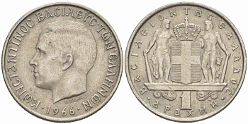 ГРЕЦИЯ 1 ДРАХМА 1966 КОНСТАНТИН II (1964-1973) KM 89 медно-никель 108-1224