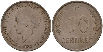 Люксембург 10 сантимов 1930 Шарлотта (1918-1964) KM 41 бронза 4566-626