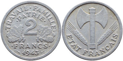 Франция 2 франка 1943 правительство Виши KM 904.1 алюминий 4397-722