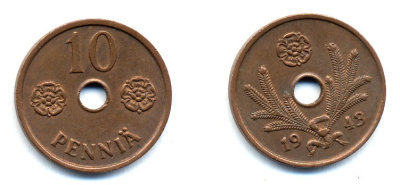 ФИНЛЯНДИЯ 10 ПЕННИ 1943 KM 33.1 медь 51-5041