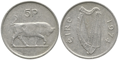 ИРЛАНДИЯ 5 ПЕНСОВ 1974 БЫК KM 22 медно-никель 51-153