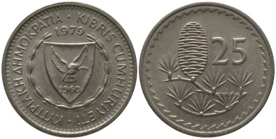 Кипр 25 милей 1979 KM 40 медно-никель 4567-669