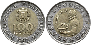 Португалия 100 эскудо 1990 Педру Нуниш (1502-1578), математик KM 645.1 биметалл 4364-156