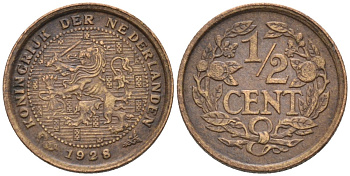 Нидерланды 1/2 цента 1928 Вильгельмина (1890-1948) KM 138 бронза 4576-446
