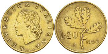 ИТАЛИЯ 20 ЛИР 1958 R, ДУБОВЫЙ ЛИСТ KM 97.1 алюминиевая бронза 113-1247