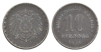 Германия 10 пфеннигов 1916 A, Вильгельм II (1888-1918) KM 20, J. 298 железо 4644-1217