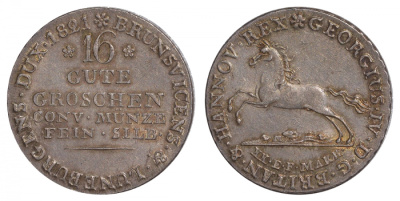 Ганновер 16 гутергрошей 1821 король Англии Георг IV КМ 127, AKS 35 D, Jaeger 23 EC серебро aUNC 00-000-00