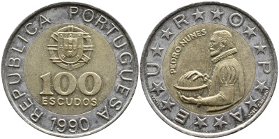 Португалия 100 эскудо 1990 Педру Нуниш (1502-1578), математик KM 645.1 биметалл 4364-156