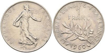 Франция 1 франк 1960 сеятель KM 925.1, LE FRANC 226.4 никель    4177-212