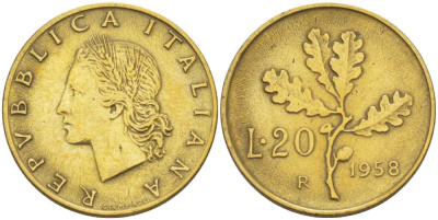 ИТАЛИЯ 20 ЛИР 1958 R, ДУБОВЫЙ ЛИСТ KM 97.1 алюминиевая бронза 113-1247
