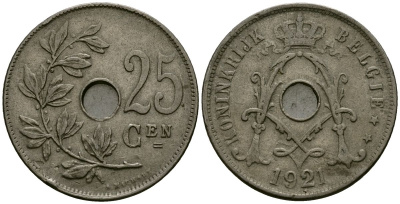 Бельгия 25 сантимов 1921 Belgie KM 69 медно-никель 4165-821