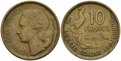 Франция 10 франков 1952 B, петух KM 915.2, Le Franc 363.5 алюминиевая бронза 4159-924