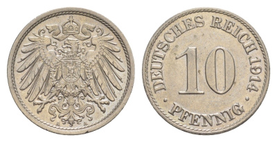 Германия 10 пфеннигов 1914 A, Вильгельм II (1888-1918) KM 12, J. 13 медно-никель UNC 1527-1033