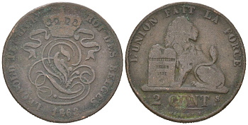 Бельгия 2 сантима 1863 Леопольд I (1831-1865) KM 4 медь 4617-552
