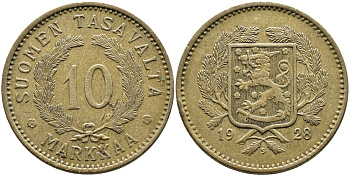 Финляндия 10 марок 1928 S KM 63 алюминиевая бронза 4388-1054