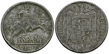 Испания 10 сентимо 1945 KM 766 алюминий 4167-124