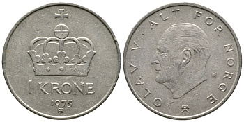 Норвегия 1 крона 1975 Улаф V (1958-1991) KM 419 медно-никель 91-521