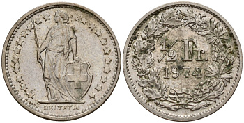 Швейцария 1/2 франка 1974 KM 23a медно-никель 4189-446