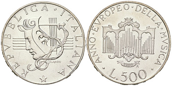 Италия 500 лир 1985 R, Год музыки KM 117 серебро BU 34-435