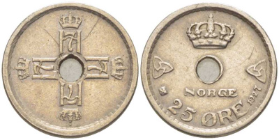 НОРВЕГИЯ 25 ЭРЕ 1927 ХОКОН VII (1905-1957) KM 384 медно-никель 116-1116