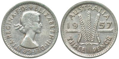 Австралия 3 пенса 1957 m, Елизавета II (1952-2022) KM 57 серебро 71-547