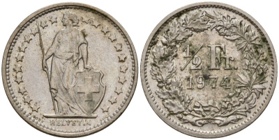 Швейцария 1/2 франка 1974 KM 23a медно-никель 4189-446