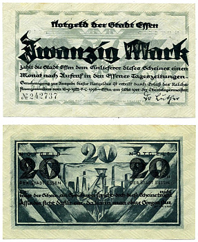 Эссен 20 марок 1922 5 октября 1922, нотгельд, земля Северный Рейн-Вестфалия Muller 1465.3b бумага 2193-30-2-1